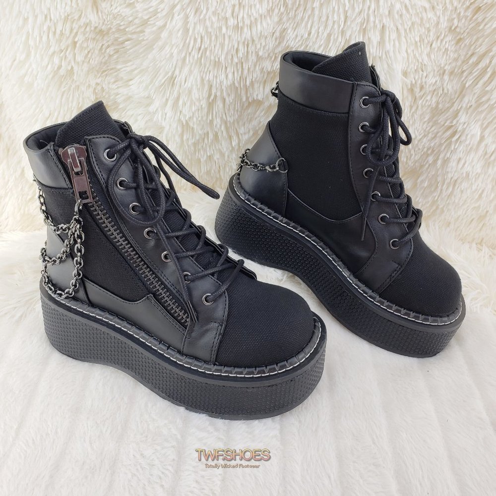 Emily Black Canvas Chain Goth 2" Platform Ankle Boots 114x - Picture 2 of 16